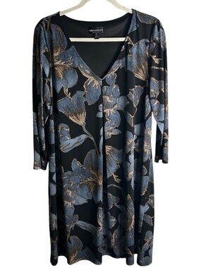 connected apparel Black Midi Dress with Blue and Gold Floral Print